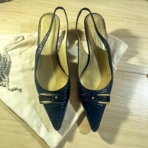 Talbots Croc Embossed Leather Slingback Heels 7.5 N Navy Black Kitten Heel